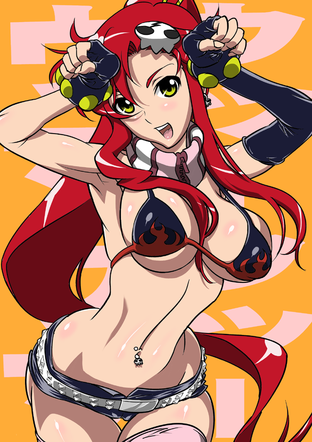 suna (sandworks), yoko littner, tengen toppa gurren lagann, 00s, 1girl, armpits, bikini, bikini top only, breasts, caramelldansen, curvy, elbow gloves, female focus, gloves, hip focus, large breasts, long hair, narrow waist, navel, navel piercing, open mouth, piercing, ponytail, red hair, short shorts, shorts, skindentation, solo, swimsuit, thighhighs, toned, toned female, underboob, yellow eyes