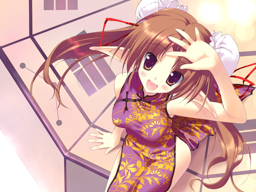 tsurusaki takahiro, original, bad id, bad pixiv id, 1girl, :d, bare shoulders, blush, brown eyes, brown hair, bun cover, china dress, chinese clothes, double bun, dress, elf, female focus, hair bun, open mouth, orange eyes, pointy ears, side slit, sitting, smile, solo, twintails