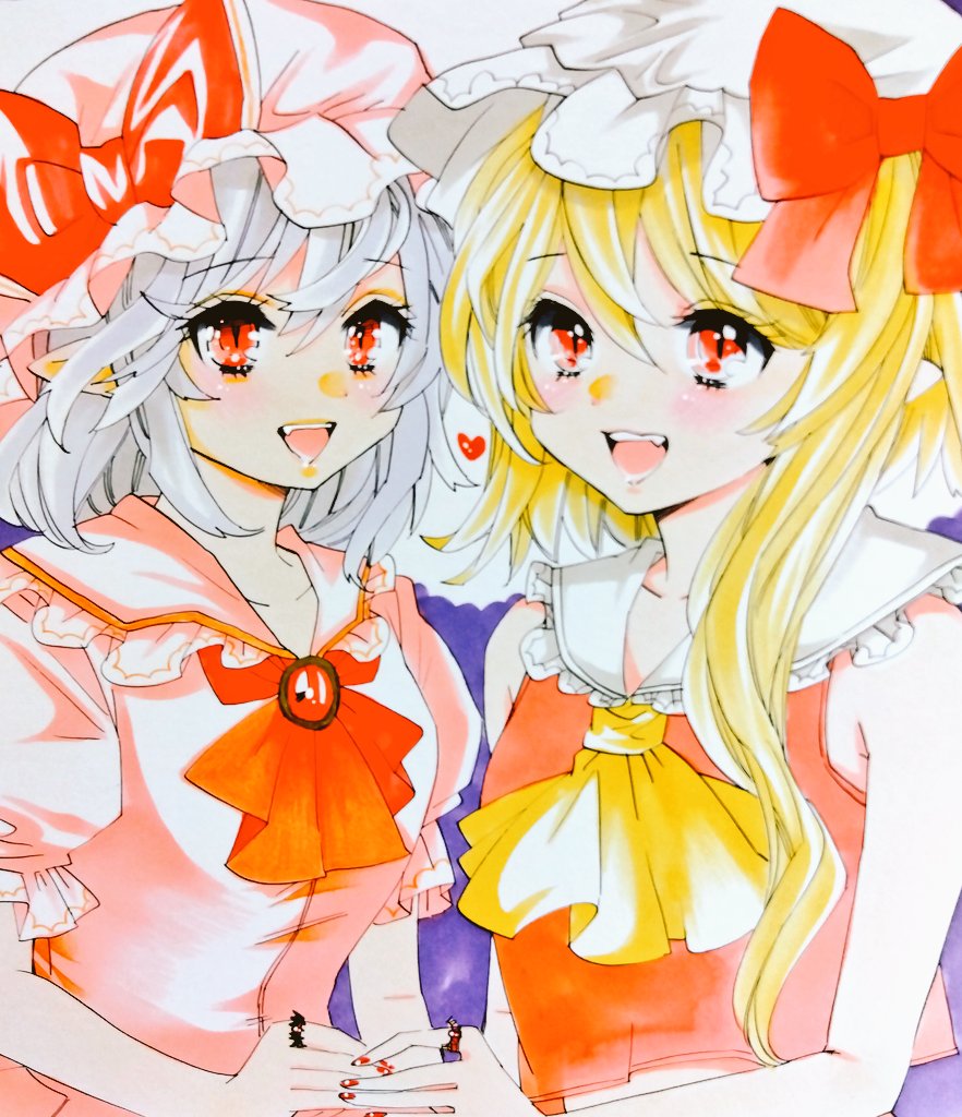 matsuppoi, flandre scarlet, remilia scarlet, touhou, ascot, blonde hair, hat, long hair, looking at viewer, medium hair, mob cap, pointy ears, red eyes, short sleeves, side-by-side, sleeveless, yellow ascot