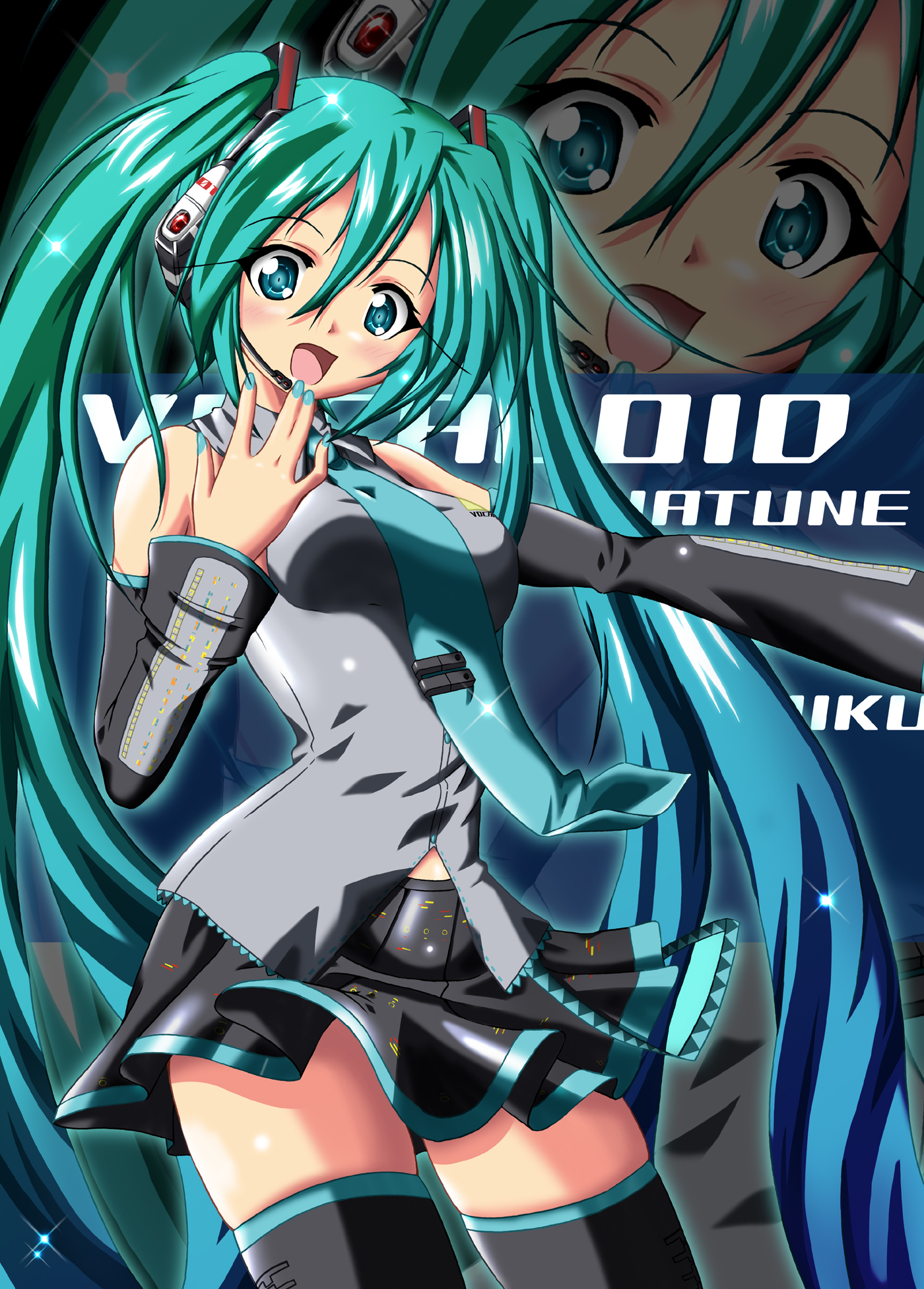 fuyuno taka, hatsune miku, vocaloid, bad id, bad pixiv id, highres, 1girl, aqua hair, female focus, long hair, solo, thighhighs, twintails, very long hair