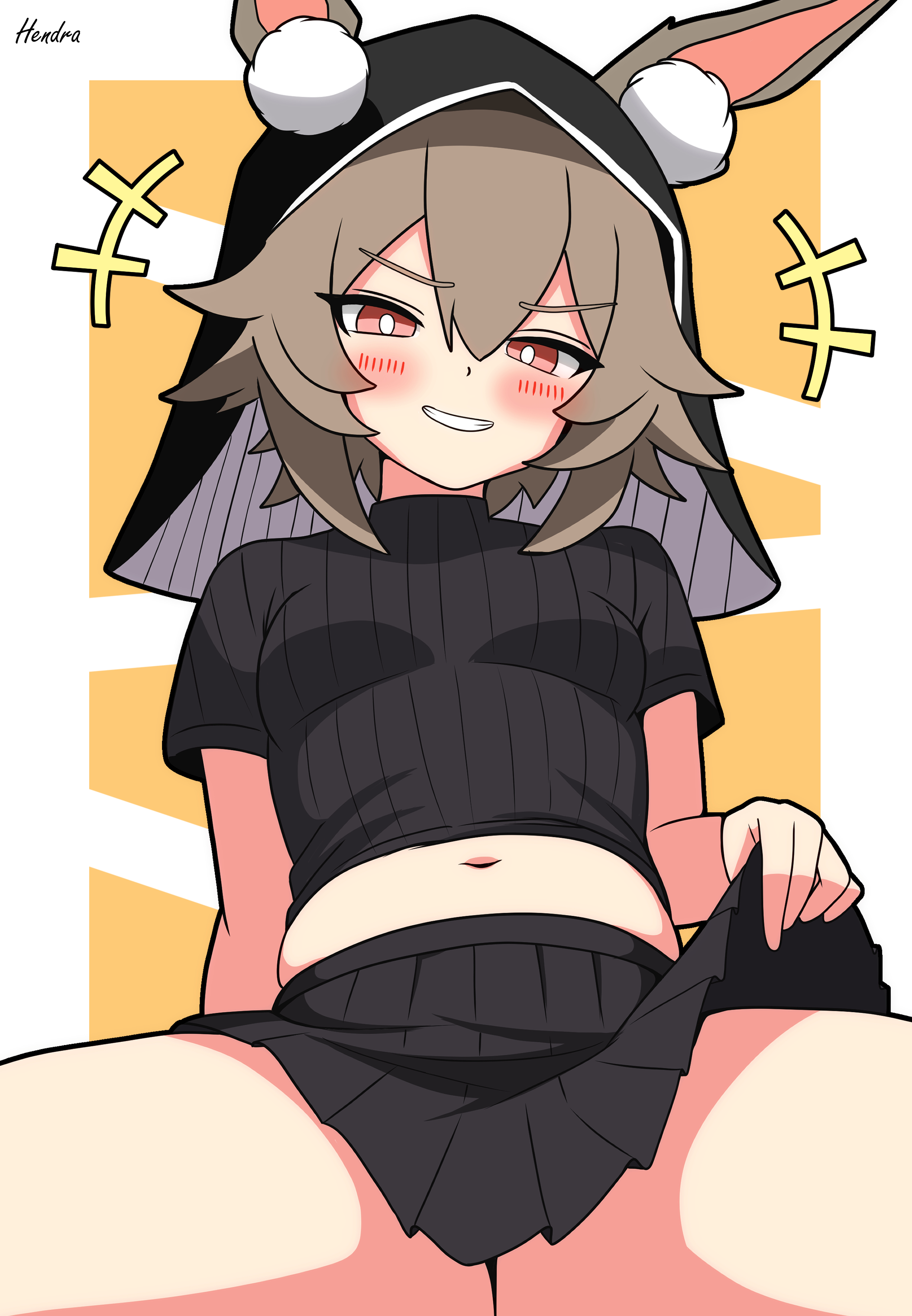 hendra, caper (arknights), arknights, absurdres, highres, +++, 1girl, animal ears, black skirt, breasts, brown hair, clothes lift, looking at viewer, medium breasts, navel, rabbit ears, skirt, smile, solo