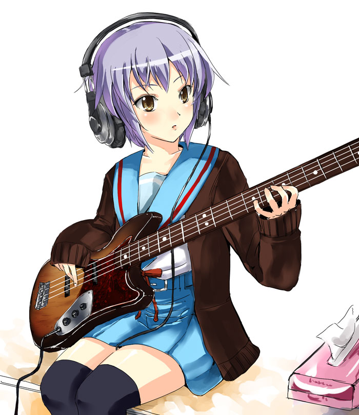 gin'ichi (akacia), ginichi, nagato yuki, tissue princess, suzumiya haruhi no yuuutsu, 00s, 1girl, bass guitar, cardigan, female focus, guitar, headphones, instrument, solo, thighhighs, tissue, tissue box