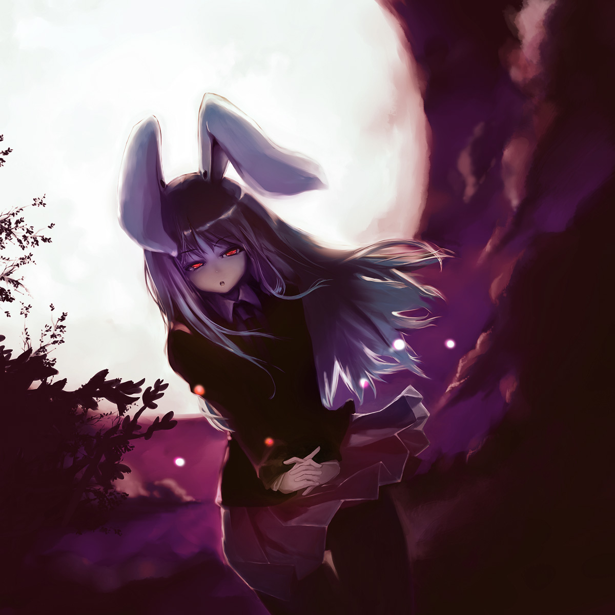 kani hira, kanihira, reisen udongein inaba, touhou, highres, 1girl, animal ears, female focus, from below, full moon, glowing, glowing eyes, interlocked fingers, long hair, moon, night, own hands clasped, own hands together, purple theme, rabbit ears, red eyes, skirt, solo
