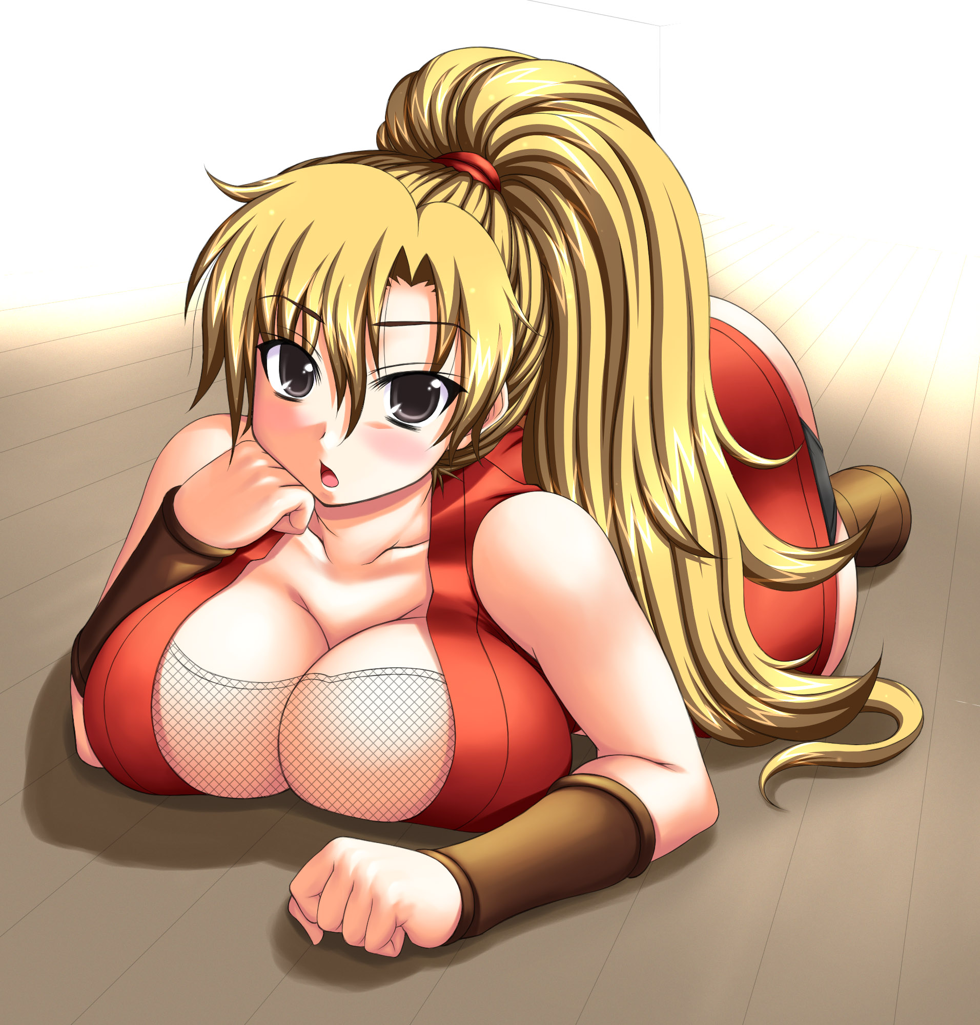 morimoto kiyona, genryuusai maki, capcom, final fight, street fighter, highres, 1girl, black eyes, blonde hair, blush, breast press, breasts, cleavage, female focus, fishnets, huge breasts, long hair, ninja, ponytail, solo