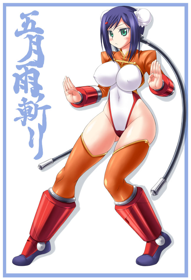 morimoto kiyona, mei-fang, aq interactive, arcana heart, atlus, examu, 1girl, boots, breasts, bun cover, double bun, female focus, hair bun, impossible clothes, impossible shirt, large breasts, shirt, shrug (clothing), solo, thighhighs