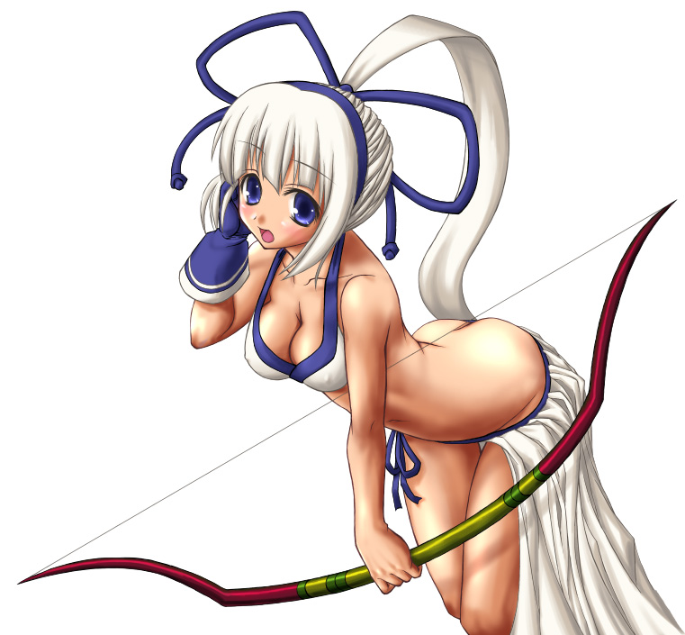 morimoto kiyona, majikina mina, samurai spirits, snk, 1girl, ass, bent over, bow (weapon), butt crack, female focus, solo, weapon