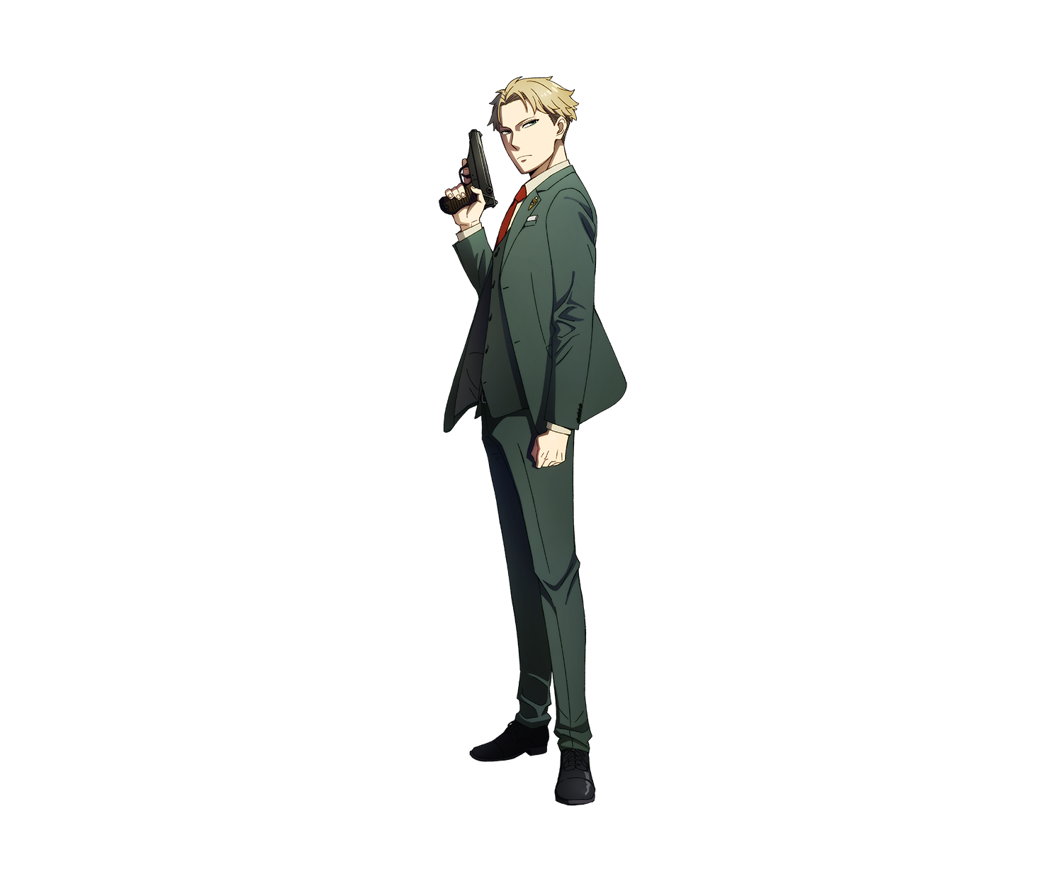 shimada kazuaki, twilight (spy x family), spy x family, highres, official art, 1boy, anime coloring, black shoes, blonde hair, clenched hand, closed mouth, collared shirt, dress shoes, formal clothes, from side, full body, green eyes, green jacket, green pants, green suit, green vest, gun, hand up, handgun, holding, holding gun, holding weapon, jacket, long sleeves, looking at viewer, necktie, pants, parted bangs, red necktie, shirt, shoes, short hair, simple background, solo, standing, suit, tachi-e, transparent background, v-shaped eyebrows, vest, weapon, white shirt