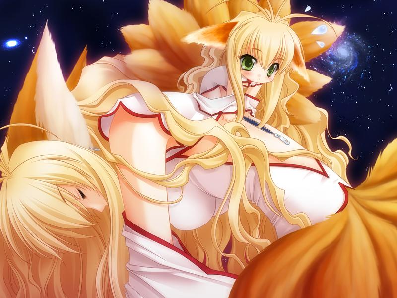 carnelian, tamamo no mae, yami to boushi to hon no tabibito, 00s, animal ears, blonde hair, fox ears, green eyes, kitsune, kyuubi, mini me, multiple tails, tail, zipper