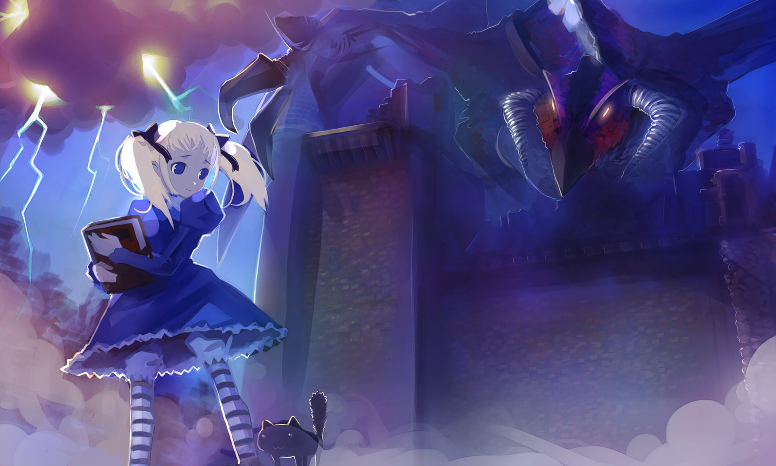 takashima, alice (odin sphere), socrates (odin sphere), wagner (odin sphere), odin sphere, original, highres, 1girl, blonde hair, bloomers, blue eyes, book, castle, cat, dragon, dress, lightning, pantyhose, striped clothes, striped pantyhose, striped thighhighs, thighhighs, twintails, underwear