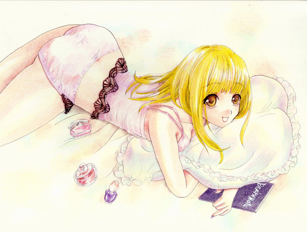 kurosuke, kurotani-tasuke, amane misa, death note, bad id, bad pixiv id, 00s, 1girl, death note (object), female focus, lingerie, lying, solo, underwear