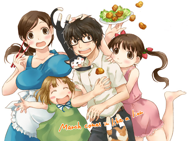 takagi hideaki, kawamoto akari, kawamoto hinata, kawamoto momo, kiriyama rei, sangatsu no lion, > <, 1boy, 3girls, barefoot, breasts, cat, child, closed eyes, family, food, large breasts, multiple girls, ponytail, twintails
