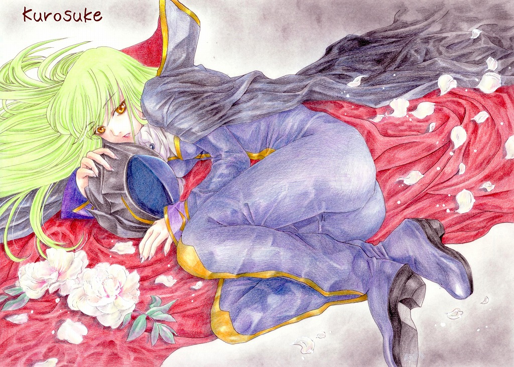 kurosuke, kurotani-tasuke, c.c., zero (code geass), code geass, bad id, bad pixiv id, 1girl, cape, cosplay, female focus, green hair, long hair, solo, yellow eyes, zero (code geass) (cosplay)