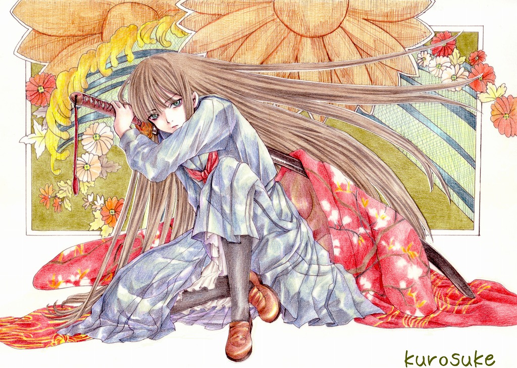 kurosuke, kurotani-tasuke, original, bad id, bad pixiv id, 1girl, female focus, red shoes, shoes, solo, sword, weapon