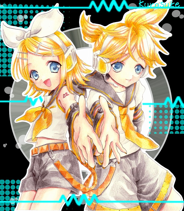 kurosuke, kurotani-tasuke, kagamine len, kagamine rin, vocaloid, bad id, bad pixiv id, 1boy, 1girl, blonde hair, blue eyes, brother and sister, headset, necktie, siblings, twins