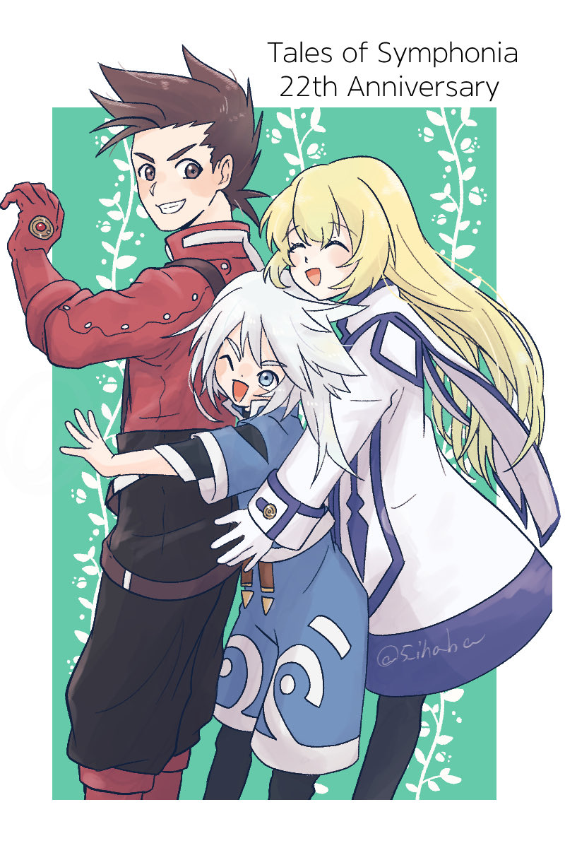 5 inaba, colette brunel, genius sage, lloyd irving, tales of (series), tales of symphonia, highres, ankle boots, black pants, black shirt, blonde hair, blue eyes, blue jacket, blue shorts, blue trim, blush, boots, border, brown eyes, brown hair, chest jewel, closed eyes, cropped jacket, dress, gloves, gold choker, jacket, leggings, long bangs, long hair, long sleeves, looking at another, looking back, looking up, pants, red boots, red gloves, red shirt, scarf, shirt, shorts, sidelocks, suspenders, twitter username, undershirt, white boots, white border, white dress, white gloves, white hair, white jacket, white scarf