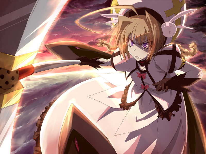 nekokun, graf eisen, vita (nanoha), lyrical nanoha, mahou shoujo lyrical nanoha, mahou shoujo lyrical nanoha strikers, uniform, 00s, 1girl, animal hood, blonde hair, bow, cloud, cloudy sky, cross, dress, female focus, hood, purple eyes, purple sky, rabbit hood, red bow, rod, sky, solo, unison (nanoha), war hammer, weapon, white dress