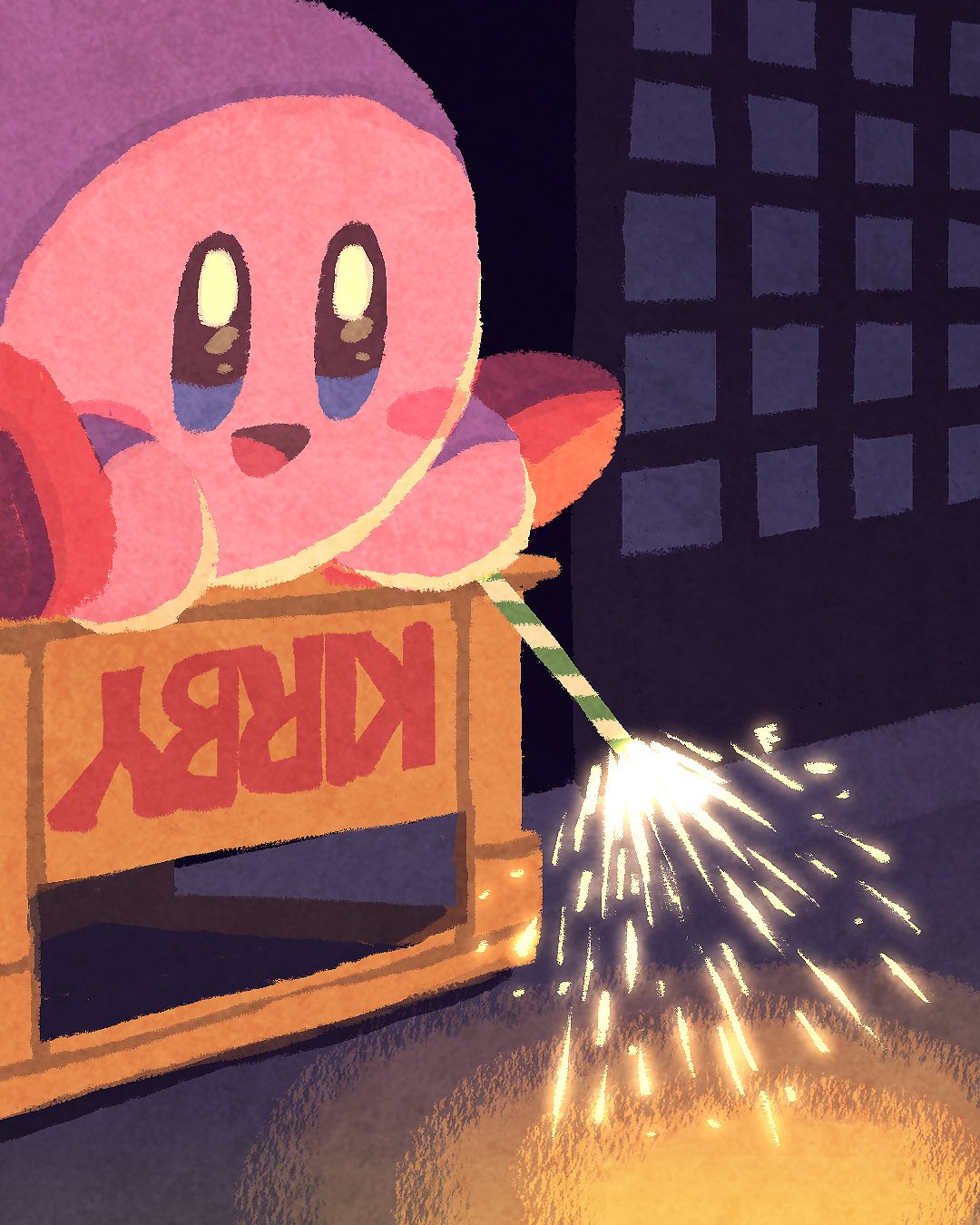 miclot, kirby, kirby (series), nintendo, commentary request, highres, blue eyes, blush stickers, character name, fireworks, night, no humans, open mouth, outdoors, smile, solo