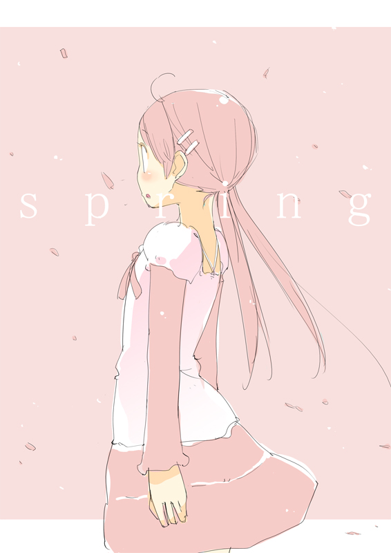 madam s, original, 1girl, blush, bow, cherry blossoms, dress, english text, female focus, pink background, pink hair, pink skirt, pink theme, plait, profile, skirt, solo