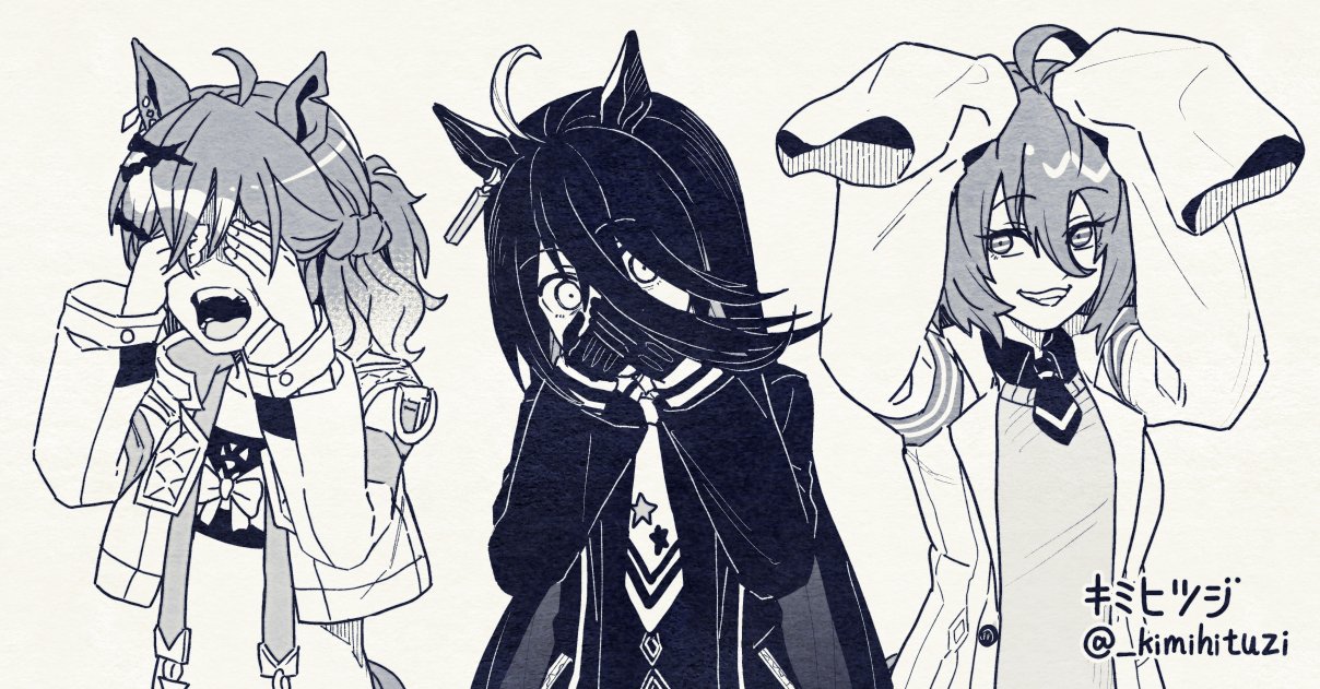 kimihitsuji, agnes tachyon (umamusume), jungle pocket (umamusume), manhattan cafe (umamusume), umamusume, umamusume: beginning of a new era, animal ears, greyscale, hair between eyes, horse ears, horse girl, horse tail, long hair between eyes, monochrome, tail