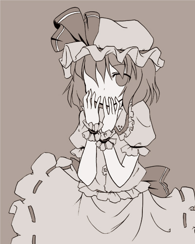 togashi yuu, remilia scarlet, touhou, lowres, unfinished, 1girl, female focus, monochrome, sepia, solo