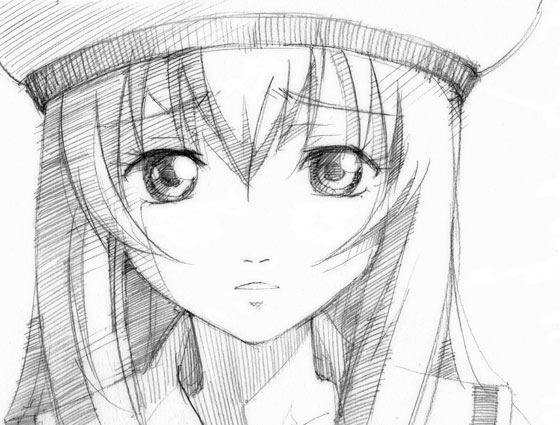 gofu, alice carroll, aria (manga), traditional media, 00s, 1girl, female focus, greyscale, long hair, looking at viewer, monochrome, simple background, sketch, solo, white background