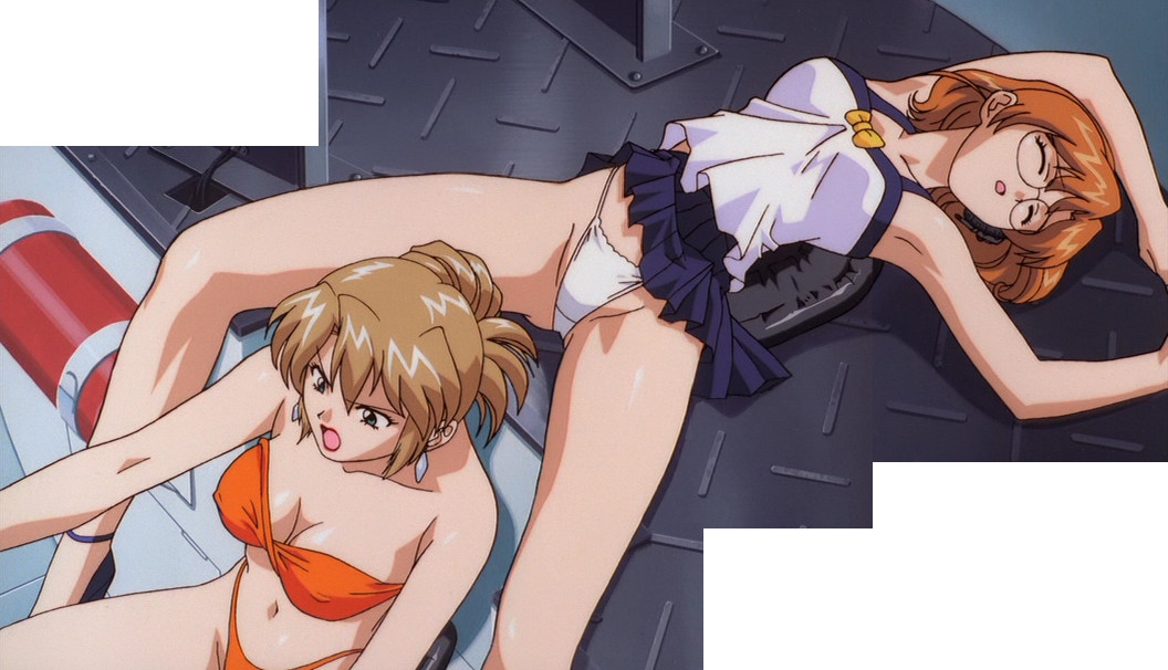 aida rion, sumeragi aika, agent aika, aika (series), anime screenshot, stitched, third-party edit, 1990s (style), 2girls, armpits, arms up, bikini, blouse, blue eyes, breasts, brown hair, cleavage, earrings, glasses, headset, highleg, highleg panties, jewelry, large breasts, multiple girls, orange bikini, panties, pantyshot, ponytail, raised eyebrows, retro artstyle, shirt, short hair, skirt, spread legs, swimsuit, thighs, unconscious, underwear, v-shaped eyebrows, white panties, white shirt