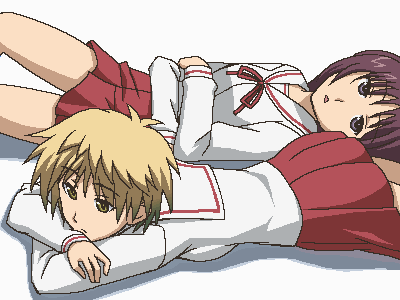 awa, hiroko (minami-ke), yuu (minami-ke), minami-ke, lowres, 00s, 2girls, androgynous, blonde hair, breast press, brown hair, collarbone, crossed arms, from side, jaggy lines, long sleeves, looking at viewer, looking to the side, lying, multiple girls, oekaki, on stomach, pleated skirt, red skirt, sailor collar, school uniform, serafuku, shirt, short hair, skirt, white shirt