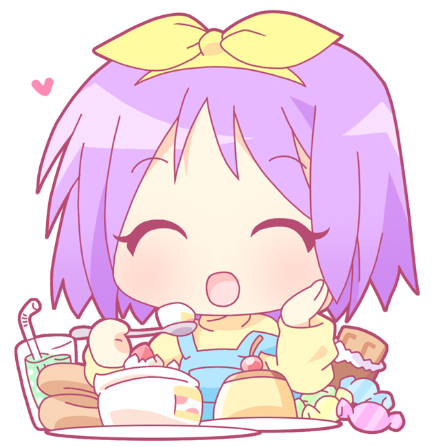 mirai (sugar), hiiragi tsukasa, lucky star, 00s, 1girl, ^ ^, cake, cake slice, candy, chibi, chocolate, chocolate bar, closed eyes, drinking straw, eating, female focus, food, fruit, glass, heart, open mouth, plate, pudding, purple hair, simple background, solo, spoon, strawberry, strawberry shortcake, upper body, white background