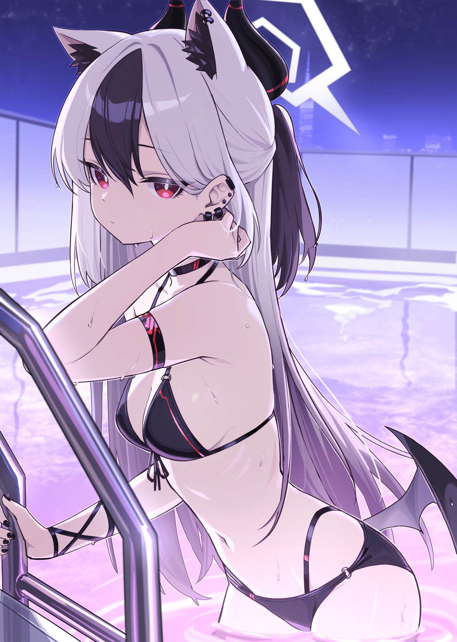 einheadt, kayoko (blue archive), blue archive, highres, 1girl, alternate costume, animal ear fluff, animal ears, arm strap, armpit crease, bare shoulders, bikini, black bikini, black choker, black hair, black nails, breasts, bright pupils, cat ears, choker, cleavage, closed mouth, demon horns, ear piercing, earrings, extra ears, front-tie bikini top, front-tie top, halo, halterneck, hand up, horns, jewelry, long hair, looking at viewer, low wings, medium breasts, multi-strapped bikini bottom, multicolored hair, nail polish, navel, o-ring, o-ring bikini, piercing, pool, pool ladder, red eyes, sideboob, solo, split-color hair, stomach, string bikini, swimsuit, two-tone hair, very long hair, wading, water, wet, white hair, wings