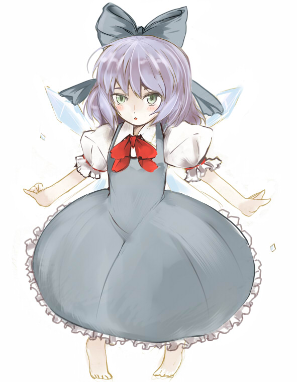 takaharu, cirno, touhou, 1girl, barefoot, bow, bowtie, dress, female focus, green eyes, grey dress, hair bow, puffy short sleeves, puffy sleeves, purple hair, red bow, red bowtie, short sleeves, solo
