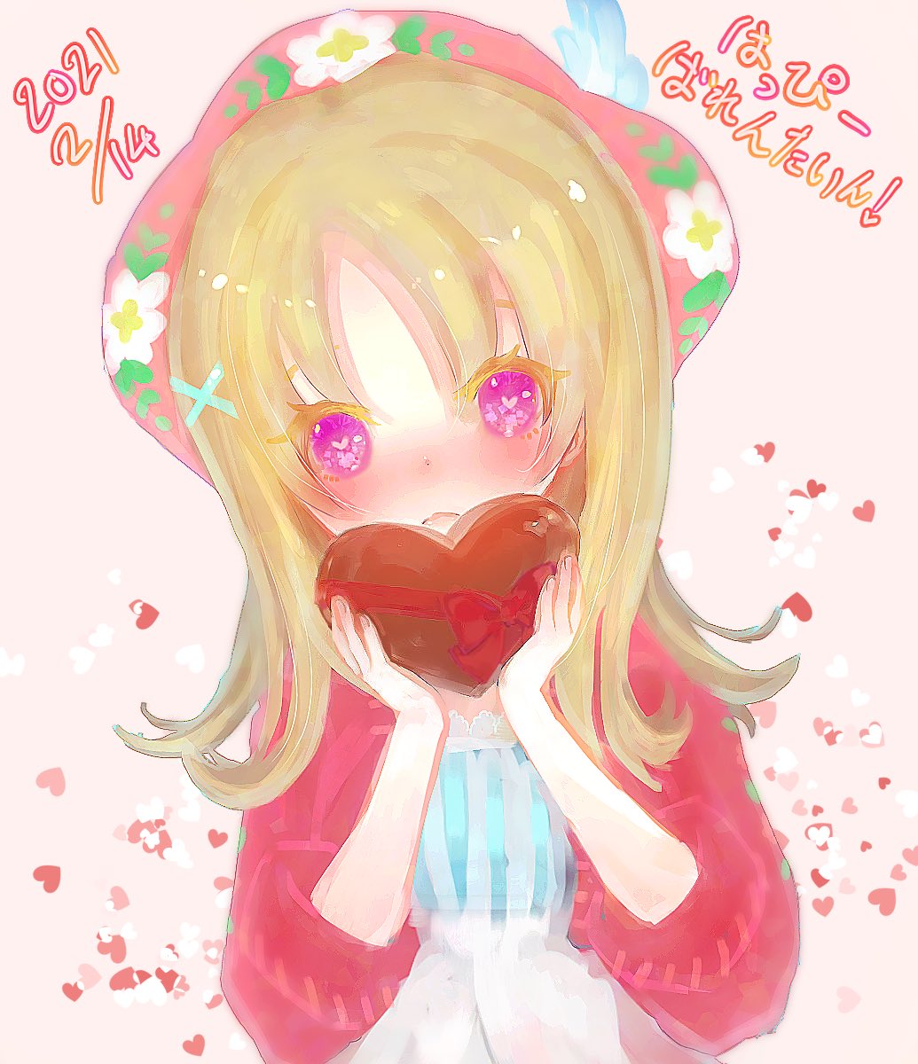 karakuri mai, bokujou monogatari, highres, 1girl, blonde hair, blush, bokujou monogatari: youkoso! kaze no bazaar e, candy, chocolate, chocolate heart, closed mouth, colored eyelashes, dated, floral print hat, food, frown, hair ornament, hands up, haruka (bokujou monogatari), hat, hat feather, heart, heart-shaped food, heart in eye, holding, holding chocolate, holding food, jacket, looking at viewer, nose blush, parted bangs, pink background, pink hat, pink jacket, purple eyes, shirt, sidelocks, solo, symbol in eye, three-quarter sleeves, tyrolean hat, upper body, valentine, white shirt, x hair ornament