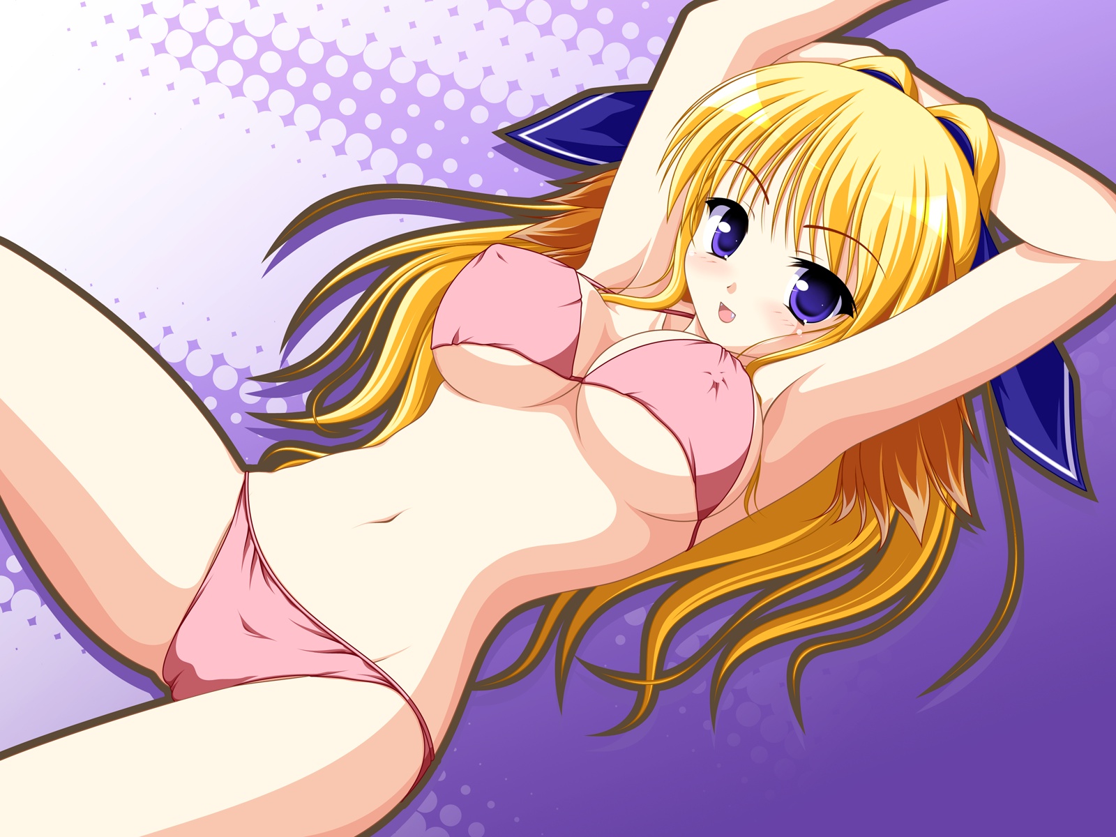 kakesu, original, highres, 1girl, bikini, blonde hair, bra, breasts, cameltoe, covered erect nipples, fang, female focus, large breasts, lingerie, panties, pink bikini, purple eyes, solo, swimsuit, underwear, underwear only