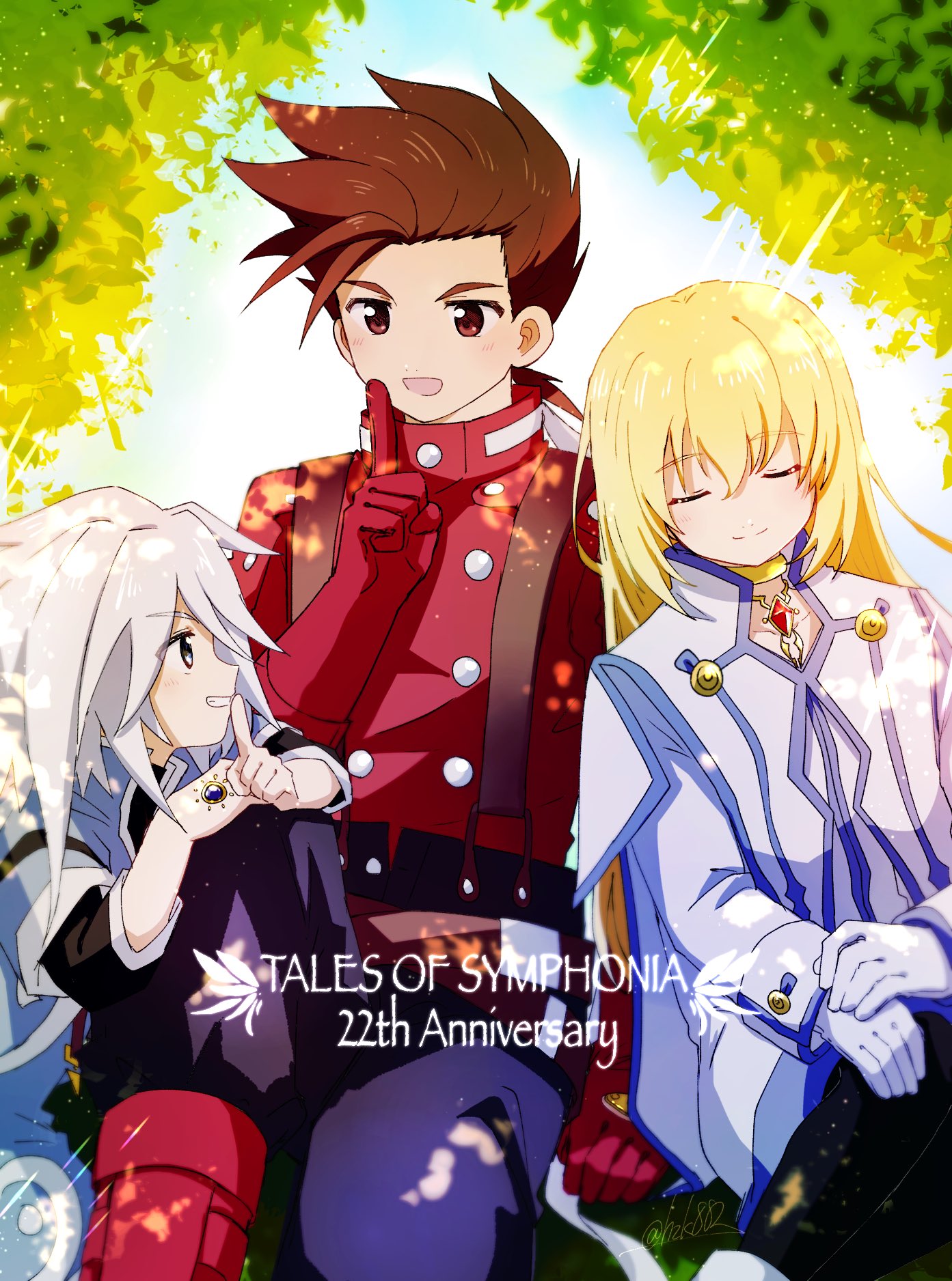hzk882, colette brunel, genius sage, lloyd irving, tales of (series), tales of symphonia, highres, ankle boots, black pants, black shirt, blonde hair, blue eyes, blue jacket, blue shoes, blue shorts, blue trim, boots, brown eyes, brown hair, chest jewel, cropped jacket, dress, finger to mouth, gloves, gold choker, grin, jacket, leaning on person, leggings, long bangs, long hair, long sleeves, looking at another, looking up, pants, red boots, red gloves, red shirt, scarf, shirt, shoes, shorts, shushing, sidelocks, sitting, sleeping, smile, suspenders, tree, tree shade, undershirt, white boots, white dress, white gloves, white hair, white jacket, white scarf