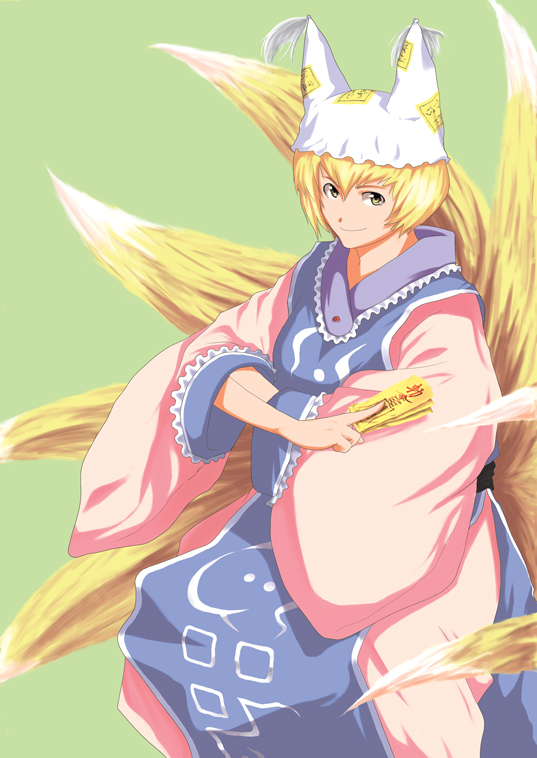 tenpura (tenpura621), yakumo ran, touhou, bad id, bad pixiv id, 1girl, animal hat, blonde hair, female focus, fox tail, hat, long sleeves, mob cap, multiple tails, short hair, smile, solo, tail, tassel, wide sleeves, yellow eyes