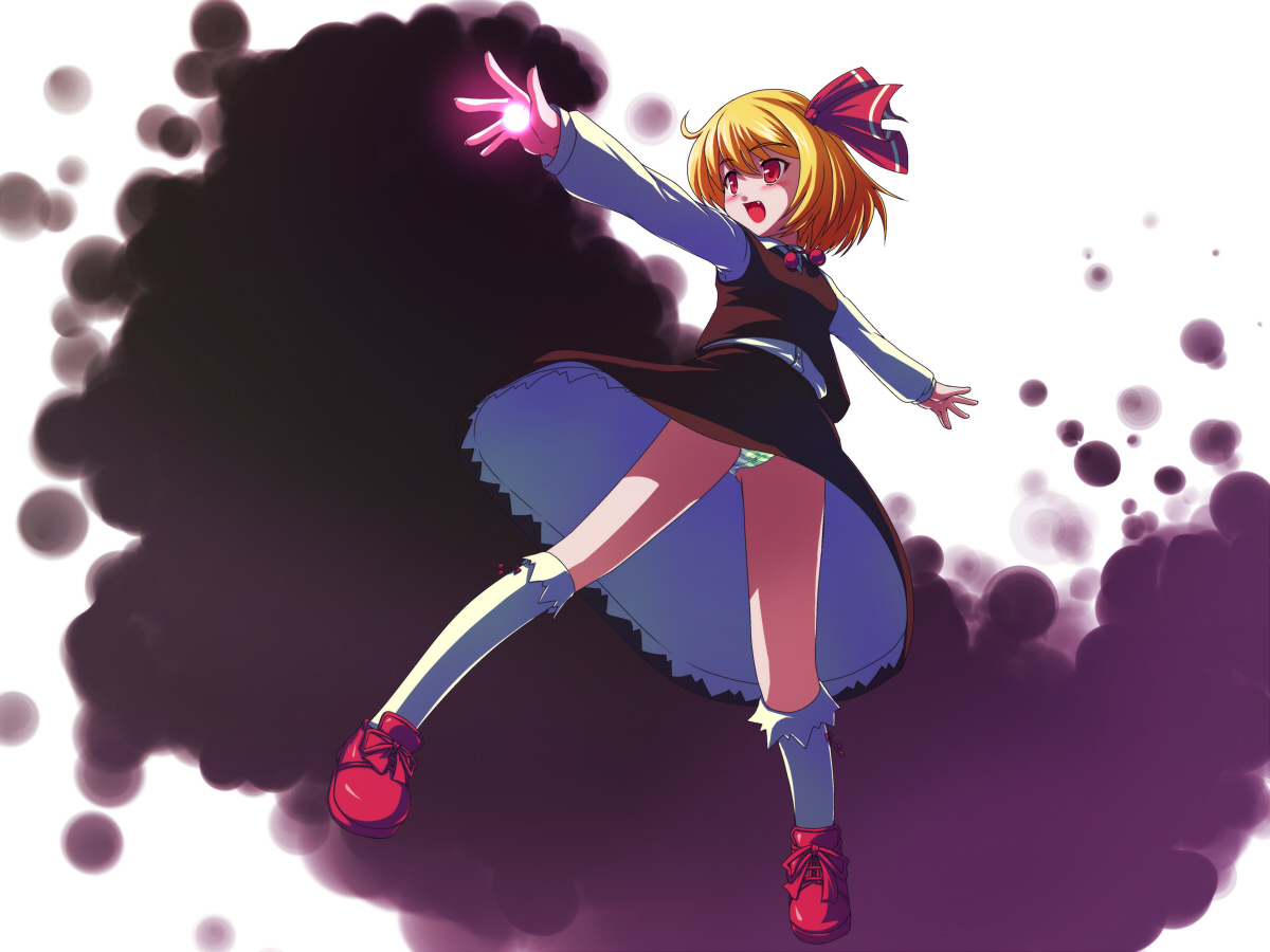 tdk, rumia, embodiment of scarlet devil, touhou, 1girl, blonde hair, darkness, fang, female focus, hair ribbon, necktie, outstretched arms, panties, red eyes, ribbon, short hair, solo, spread arms, striped clothes, striped panties, underwear