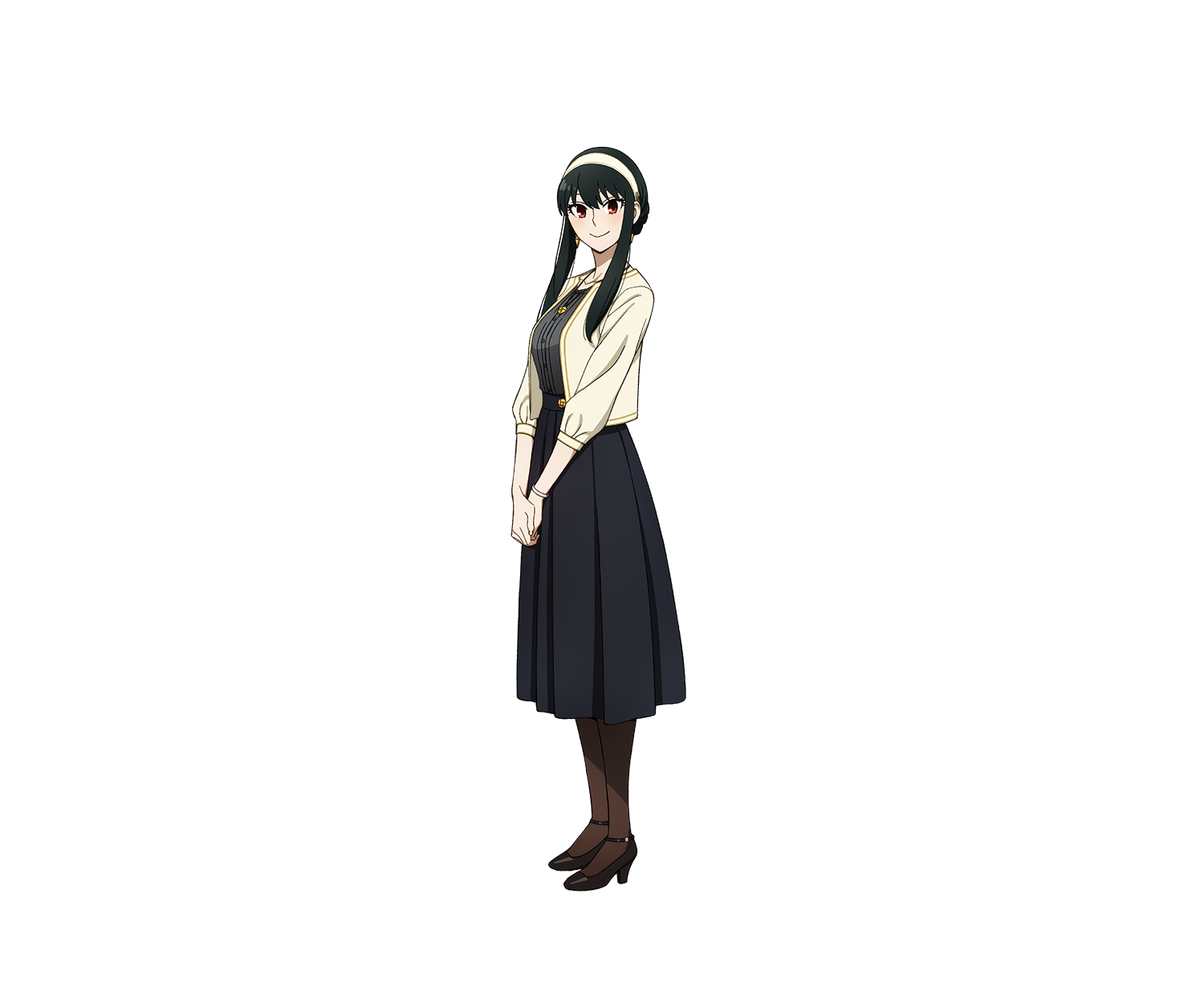 shimada kazuaki, yor briar, spy x family, highres, official art, 1girl, anime coloring, armlet, black dress, black hair, blush, braid, braided bun, breasts, brown pantyhose, brown shoes, closed mouth, collarbone, dress, earrings, full body, hair bun, hairband, high heels, jacket, jewelry, large breasts, long sidelocks, looking at viewer, necklace, pantyhose, red eyes, shoes, sidelocks, simple background, smile, solo, standing, tachi-e, three-quarter sleeves, transparent background, tsurime, white hairband, white jacket