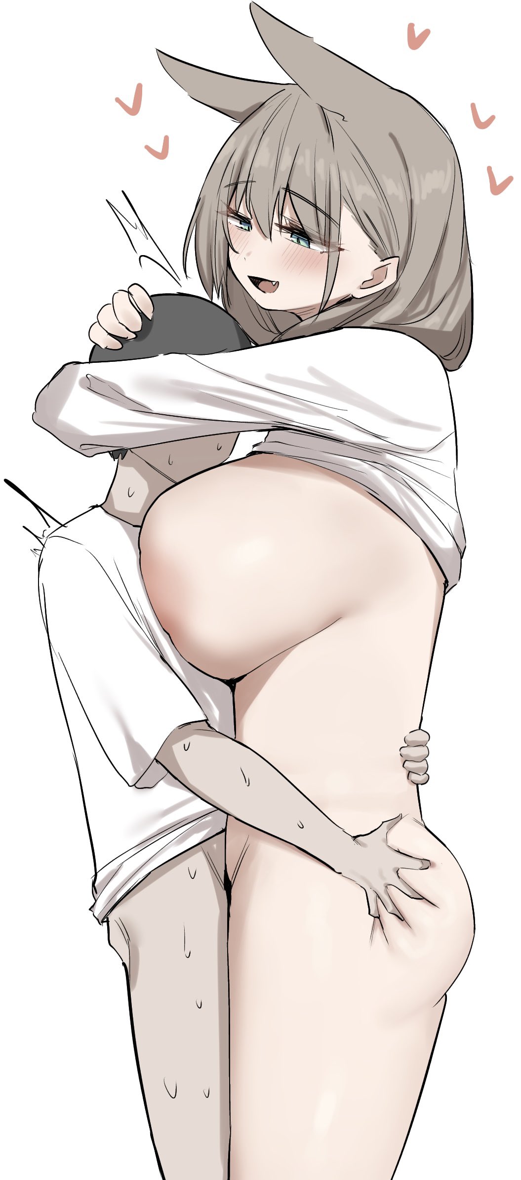 narodenden, original, highres, 1boy, 1girl, :d, animal ears, black hair, blush, breasts, green eyes, grey hair, heart, height difference, hetero, hug, huge breasts, long sleeves, looking at viewer, open mouth, sex, shirt, simple background, smile, standing, sweat, white background, white shirt