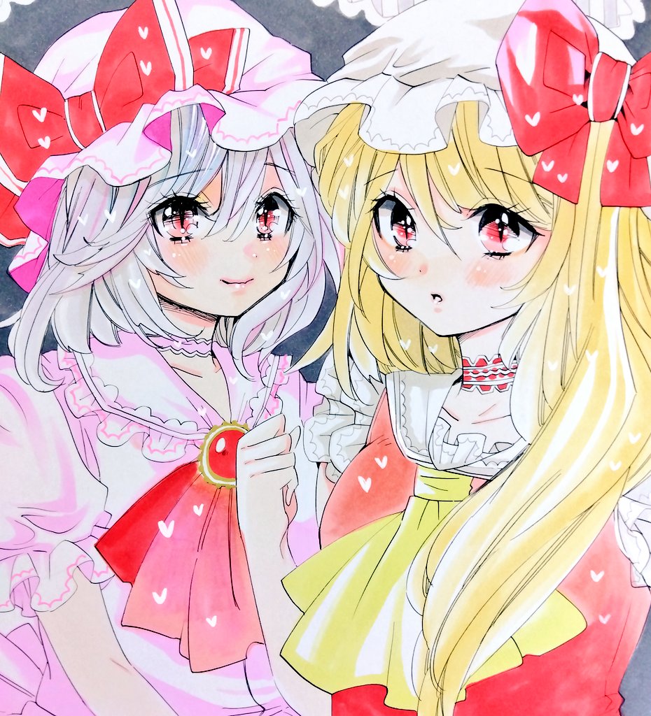 matsuppoi, flandre scarlet, remilia scarlet, touhou, ascot, blonde hair, hat, long hair, looking at viewer, medium hair, mob cap, pointy ears, red eyes, short sleeves, side-by-side, sleeveless, yellow ascot