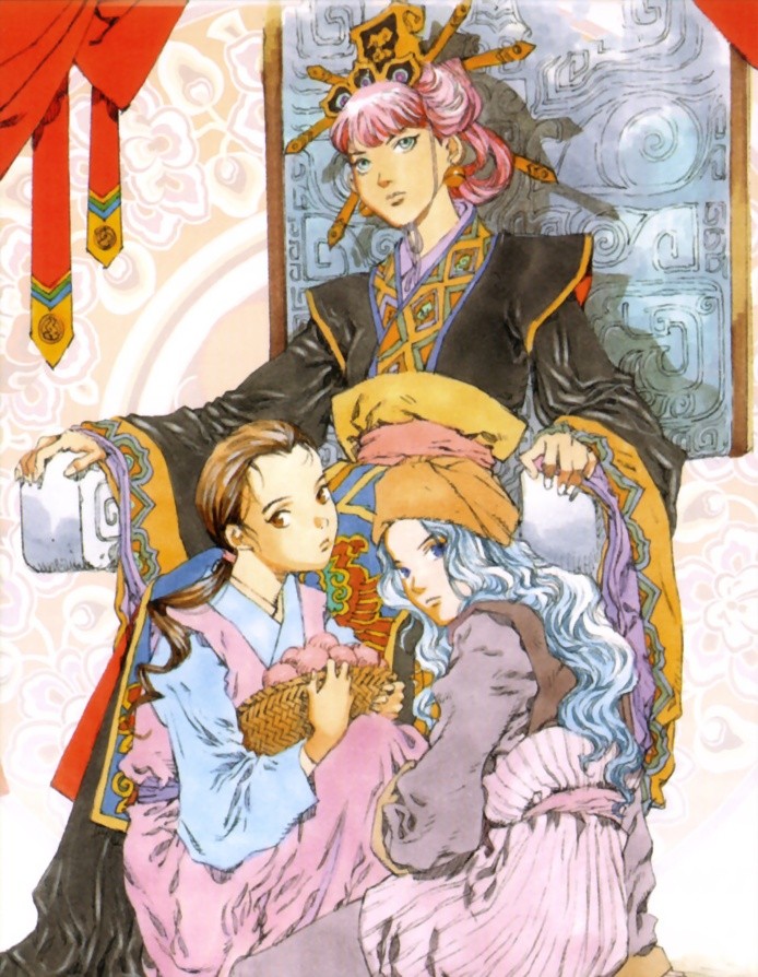 yamada akihiro, nakajima youko, ouki suzu, shoukei, shoukei (juuni kokuki), juuni kokuki, official art, 3girls, chinese clothes, faux traditional media, hanfu, multiple girls