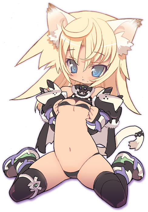 blade (galaxist), original, bad id, bad pixiv id, 1girl, ahoge, animal ears, ankle boots, areola slip, bandeau, bare shoulders, bikini, black thighhighs, blonde hair, blue eyes, blush, boots, breasts, cape, cat ears, cat tail, detached sleeves, female focus, full body, fur trim, gem, groin, hands on own chest, highleg, highleg bikini, jewelry, kneeling, loli, long hair, looking at viewer, micro bikini, navel, nipple slip, nipples, parted bangs, parted lips, simple background, sitting, sleeves past wrists, small breasts, solo, spread legs, strap gap, swimsuit, tail, thighhighs, thighlet, wariza, white background