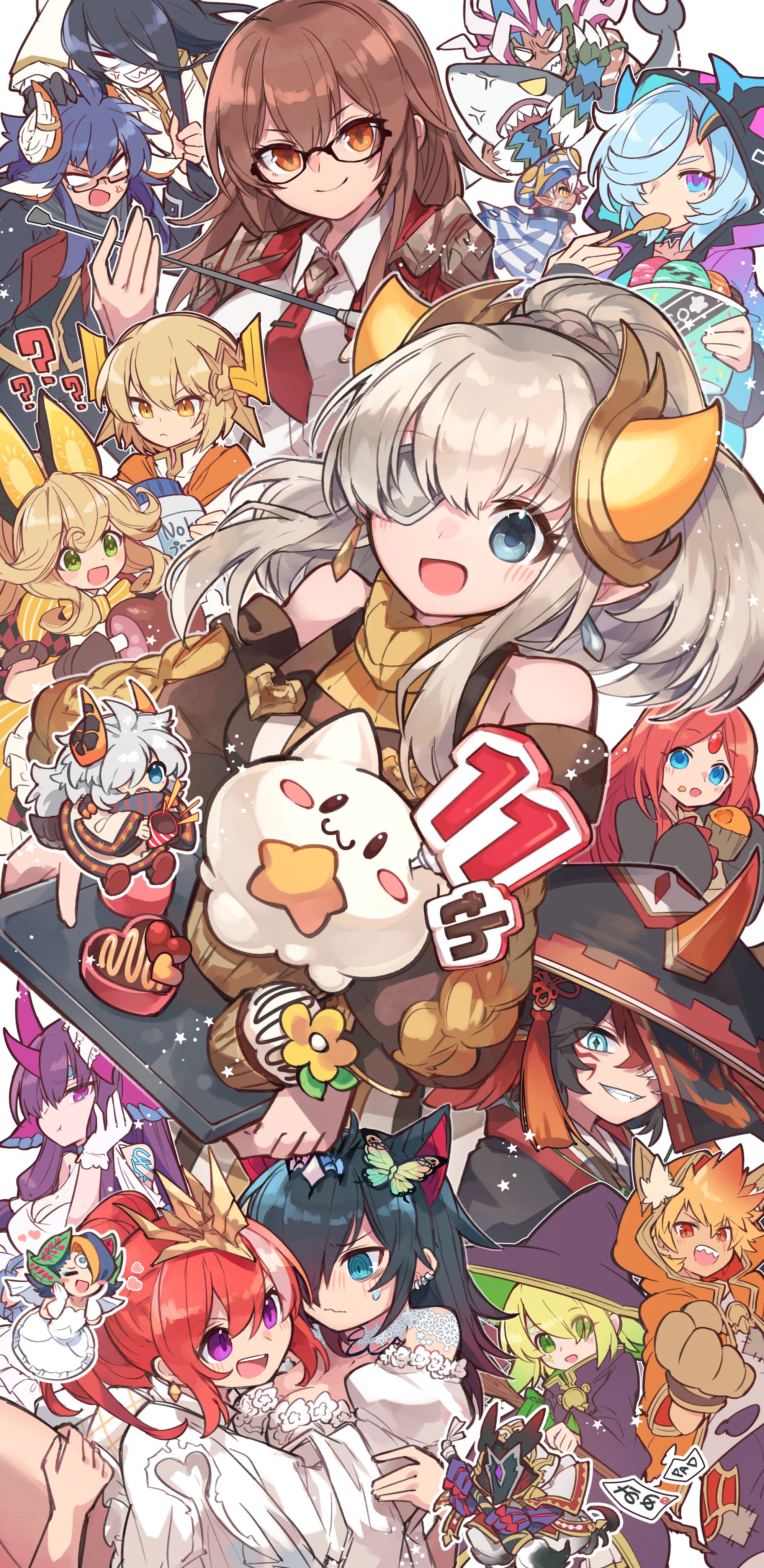 kuuron (moesann17), alpha (p&d), ideal (p&d), puzzle & dragons, absurdres, character request, highres, 6+boys, 6+girls, ahoge, animal ears, black hair, blonde hair, blue eyes, blue hair, breasts, brown eyes, brown hair, bug, butterfly, cat ears, dragon girl, dragon horns, dragon wings, dress, green eyes, hat, heterochromia, hood, hoodie, horns, insect, large breasts, long hair, multiple boys, multiple girls, omega (p&d), orange hair, purple dress, purple hair, red hair, scarf, shark, short hair, tiara, white dress, white hair, wings, witch hat, yellow eyes