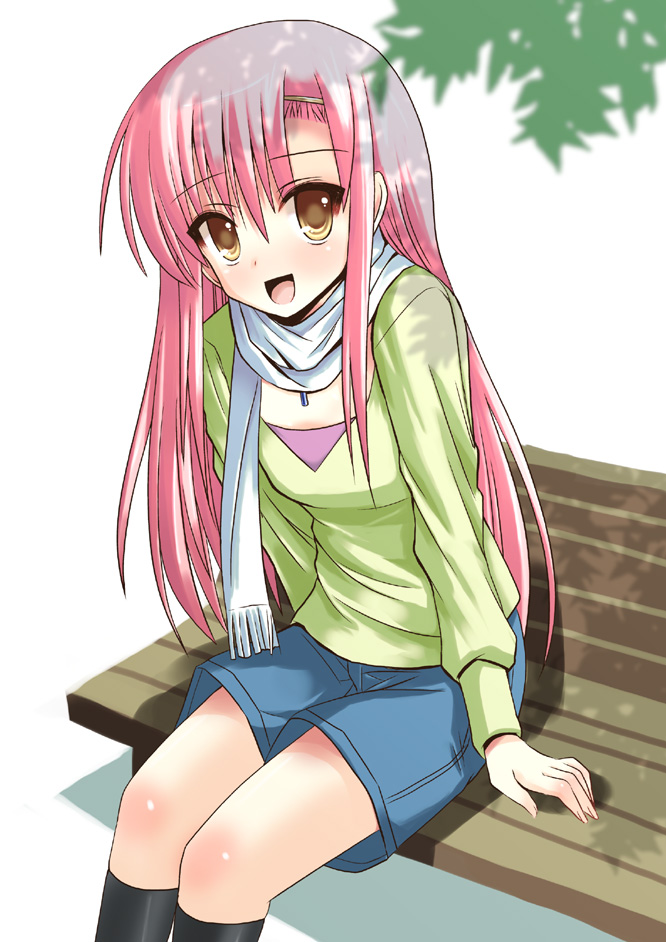 shinshin, katsura hinagiku, hayate no gotoku!, 00s, 1girl, bench, black socks, casual, female focus, hairband, long hair, open mouth, pink hair, scarf, sitting, socks, solo, yellow eyes