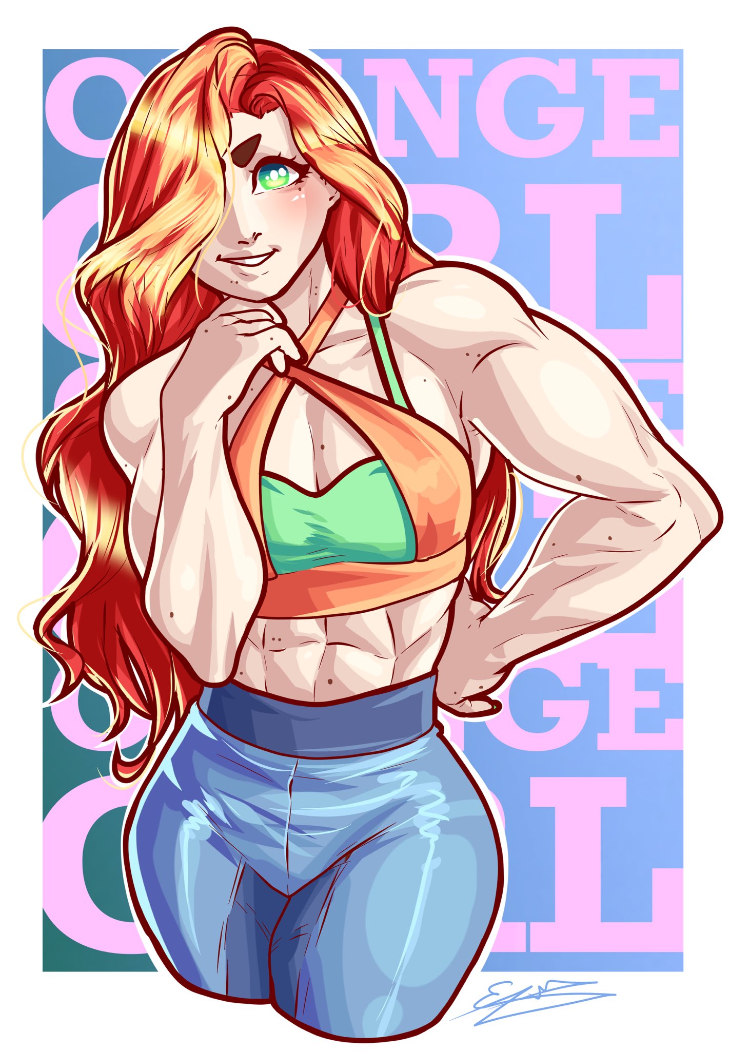 original, highres, 1girl, abs, arm behind back, border, criss-cross halter, elloser, english text, freckles, green eyes, halterneck, long hair, muscular, muscular female, one eye covered, orange hair, signature, solo, tank top, white border