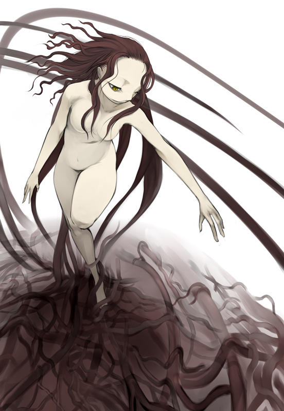 yama, agatha, claymore (series), 00s, 1girl, breasts, female focus, forehead, looking down, nude, solo, tentacles, walking