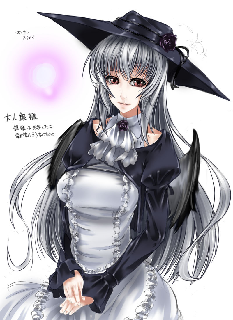 abubu, suigintou, rozen maiden, silver hair, translation request, 00s, 1girl, breasts, female focus, hat, pale skin, simple background, solo, wings