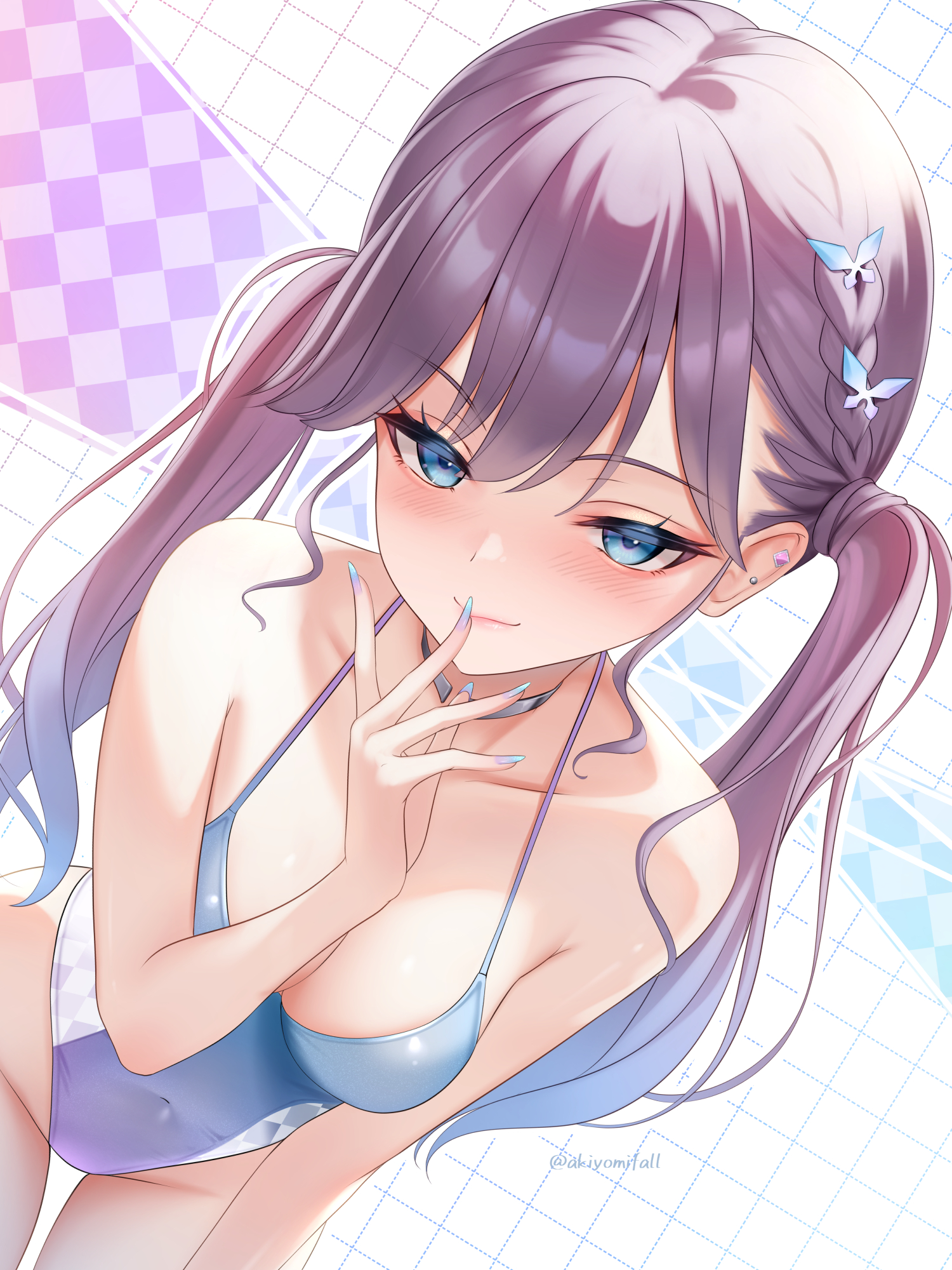 akiyomi, kaya rinha, gakuen idolmaster, idolmaster, commentary request, highres, 1girl, blue eyes, blush, braid, breasts, butterfly hair ornament, casual one-piece swimsuit, cleavage, collarbone, covered navel, dutch angle, ear piercing, fingernails, hair ornament, light smile, long hair, looking at viewer, medium breasts, nail polish, one-piece swimsuit, piercing, purple hair, solo, swimsuit, twintails, twitter username, two-tone one-piece swimsuit