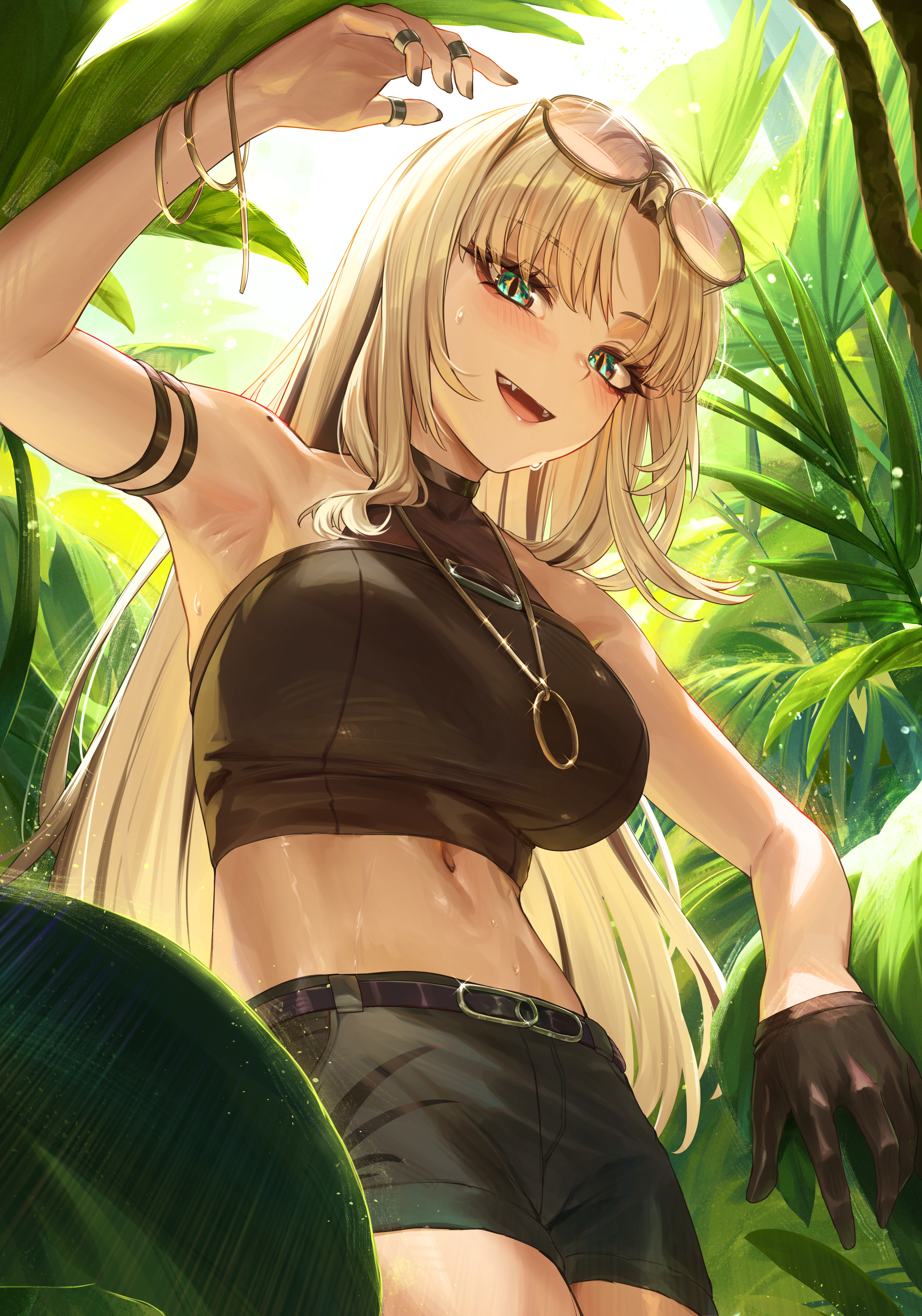 padoruu, koganei niko, koganei niko (holonatsu paradise), hololive, hololive dev is, absurdres, highres, 1girl, :d, arm strap, arm up, armpits, black gloves, black hair, black shirt, black shorts, blonde hair, bracelet, breasts, curtained hair, day, eyewear on head, fangs, gloves, green eyes, half gloves, halter shirt, halterneck, jewelry, jungle, large breasts, long hair, looking at viewer, midriff, mole, mole on shoulder, multicolored hair, nature, navel, necklace, official alternate costume, open mouth, outdoors, round eyewear, shirt, short shorts, shorts, single glove, sleeveless, sleeveless shirt, slit pupils, smile, solo, straight hair, streaked hair, virtual youtuber