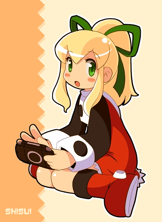 shisui, roll (mega man), capcom, mega man (classic), mega man (series), 1girl, blonde hair, female focus, green eyes, handheld game console, playstation portable, red skirt, skirt, solo