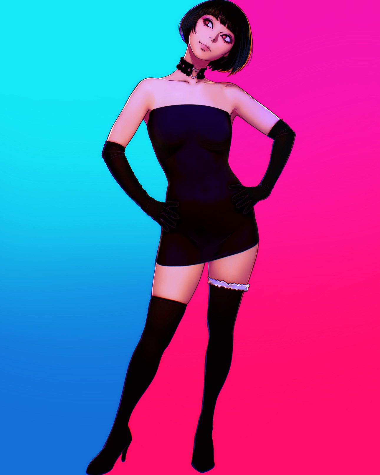 ilya kuvshinov, original, highres, 1girl, aqua background, bare shoulders, black boots, black choker, black dress, black hair, blunt bangs, bob cut, boots, breasts, choker, closed mouth, collarbone, dress, elbow gloves, full body, gloves, gradient background, hands on own hips, head tilt, heart, heart choker, high heel boots, high heels, legwear garter, looking to the side, looking up, medium breasts, pink background, pink lips, red eyes, short dress, short hair, solo, standing, strapless, strapless dress, thigh boots, thighhighs, two-tone background, zettai ryouiki
