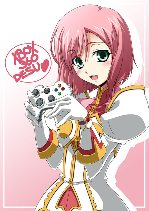 izumi mahiru, estellise sidos heurassein, tales of (series), tales of vesperia, 00s, 1girl, blush, female focus, game console, green eyes, open mouth, pink hair, romaji text, solo, teeth, xbox 360